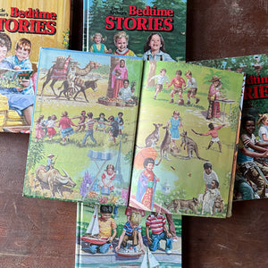 Log Cabin Vintage - vintage children's books, vintage religious books, vintage religious stories, Uncle Arthur - Uncle Arthur's Bedtime Stories Complete Set by Arthur S. Maxwell - view of the inside covers - each inside cover depicts the same illustrations of children from around the world