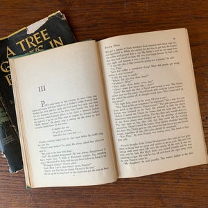Log Cabin Vintage - vintage fiction, American Author, American novel - A Tree Grows in Brooklyn by Betty Smith - view of the book on a wood table showing the page content